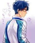  1boy blue_hair free! from_behind glasses jacket looking_back male red-framed_glasses ryuugazaki_rei short_hair solo violet_eyes 
