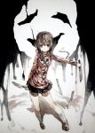  1girl black_skirt braid brown_eyes brown_hair dual_wielding expressionless full_body highres kneehighs knife madotsuki mary_janes outstretched_arm projected_inset shoes sigmasmail skirt solo turtleneck twin_braids uboa yume_nikki 
