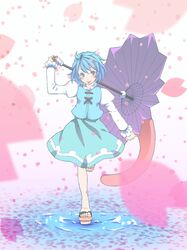  1girl blue_eyes blue_hair geta heterochromia highres karakasa_obake karamo_(c_karamomo) petals red_eyes short_hair skirt solo tatara_kogasa tongue touhou umbrella water 