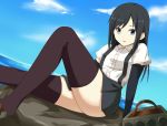  1girl arm_support asashio_(kantai_collection) black_hair blue_eyes kakura_yoshiki kantai_collection long_hair looking_at_viewer machinery open_mouth panties sitting solo thigh-highs underwear 