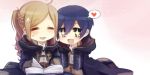  +_+ 1boy 1girl =_= blonde_hair blue_eyes blue_hair book braid chibi fire_emblem fire_emblem:_kakusei heart hooded_jacket mark_(fire_emblem) mother_and_son my_unit open_book open_mouth ponytail smile spoken_heart sweat sweatdrop tusia 