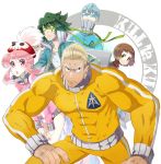  2girls 3boys abs bandana blonde_hair blue_hair brown_hair choo_choo_train earrings emblem gamagoori_ira glasses green_hair gym_uniform hat inumuta_houka jakuzure_nonon jewelry kill_la_kill mankanshoku_mako mayuhiko3310 multiple_boys multiple_girls payot pink_hair sanageyama_uzu shako_cap short_hair smile track_suit 