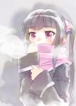  1girl arm_belt black_hair blush breath bust cold grey_background hair_ribbon highres hime_cut jacket long_hair pink_ribbon pink_scarf ribbon scarf scarf_over_mouth senki_zesshou_symphogear sleeves_past_wrists solo tsukuyomi_shirabe twintails unyon violet_eyes winter winter_clothes winter_jacket 