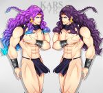  2boys blue_hair bracer cars_(jojo) dual_persona earrings fooooota gradient_hair highres horns jewelry jojo_no_kimyou_na_bouken loincloth long_hair multicolored_hair multiple_boys nail_polish palette_swap purple_hair 