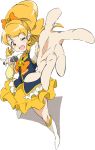  1girl ;d blonde_hair boots bow bowtie brooch cure_honey hair_bow happinesscharge_precure! jewelry knee_boots long_hair magical_girl microphone oomori_yuuko open_mouth orange_eyes outstretched_hand ponytail precure skirt smile solo standing umanosuke white_background wink yellow_skirt 