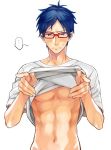  ... 1boy blue_hair free! glasses male navel red-framed_glasses ryuugazaki_rei shirt_lift short_hair solo sweat violet_eyes 