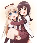  2girls :d blonde_hair blue_eyes bow brown_eyes brown_hair carrying clenched_hand funami_yui hair_bow looking_at_viewer multiple_girls open_mouth princess_carry ren_kon school_uniform serafuku short_hair simple_background smile toshinou_kyouko white_background yuru_yuri 