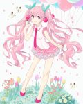  1girl balloon butterfly cherry flower food food_as_clothes food_themed_clothes fruit hatsune_miku highres kise_(swimmt) long_hair necktie pink_eyes pink_hair sakura_miku skirt smile solo twintails very_long_hair vocaloid white_background 