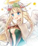  1girl archangel_(p&amp;d) blonde_hair blue_eyes braid capelet cleavage_cutout hairband halo hoshino looking_at_viewer open_mouth puzzle_&amp;_dragons smile solo twin_braids wings 