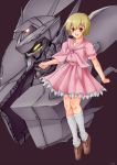  1girl blonde_hair bow himukai_asuza mecha metal_slader_glory pink_skirt purple_background red_eyes shoes short_hair skirt smile socks solo vuccha 