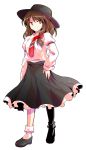  1girl alphes_(style) bow brown_hair dairi hair_bow hand_on_hip hat highres long_hair necktie parody red_eyes simple_background skirt smile solo style_parody touhou transparent_background usami_renko white_background 