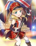  1girl aiguillette band_uniform blonde_hair color_guard elbow_gloves flag gloves green_eyes hair_ornament hat hat_feather holding idolmaster idolmaster_cinderella_girls jpeg_artifacts marching_band mary_cochran midriff navel official_art plaid skirt smile solo stage tailcoat thigh-highs twintails uniform union_jack white_legwear wrist_cuffs 