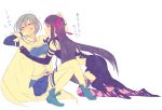  2girls akemi_homura argyle argyle_legwear armband black_hair blue_hair blush bow cape closed_eyes elbow_gloves gloves hair_bow long_hair magical_girl mahou_shoujo_madoka_magica mahou_shoujo_madoka_magica_movie miki_sayaka mizuki_(flowerlanguage) multiple_girls short_hair simple_background soul_gem tears thigh-highs tickling white_background zettai_ryouiki 