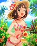  1girl ;d amami_haruka annindoufu_(oicon) bikini brown_hair character_name clouds earrings flower green_eyes hat hibiscus idolmaster idolmaster_cinderella_girls jewelry looking_at_viewer official_art open_mouth short_hair smile solo swimsuit water wink 
