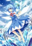  1girl blue_eyes blue_hair bow cirno dress frog hair_bow ice looking_at_viewer ribbon short_hair sky smile solo touhou wings winter zqhzx 