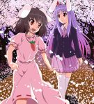  2girls animal_ears black_hair carrot cherry_blossoms dress facing_away highres inaba_tewi jewelry lavender_hair light_smile long_hair multiple_girls necktie open_mouth over-kneehighs pendant petals pink_dress pleated_skirt puffy_short_sleeves puffy_sleeves rabbit_ears red_eyes reisen_udongein_inaba short_hair short_sleeves skirt suit_jacket touhou utakata_(azaka00) walking 