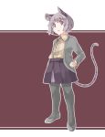  1girl akagashi_hagane alternate_costume animal_ears black_legwear full_body grey_hair jacket looking_at_viewer looking_down mouse_ears mouse_tail nazrin open_mouth pantyhose red_background red_eyes shirt shoes short_hair simple_background skirt solo tail touhou white_background 