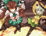  2girls arm_cannon boots bow breasts brown_hair cape falling frilled_skirt frilled_sleeves frills glowing glowing_eyes green_eyes green_hair green_skirt hair_bow hat hole jumping komeiji_koishi large_breasts long_hair long_sleeves looking_at_another looking_down maware_maware multiple_girls open_mouth red_eyes reiuji_utsuho scared shirt short_hair short_sleeves skirt smile sparkle surprised thigh-highs third_eye touhou very_long_hair weapon wide_sleeves wings 