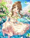  1girl barefoot brown_eyes brown_hair capelet dress dress_lift flower hair_bun hair_flower hair_ornament idolmaster idolmaster_cinderella_girls jewelry leaf long_hair looking_at_viewer necklace open_mouth petals solo takamori_aiko water 