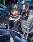  1girl aqua_hair blue_eyes bodysuit doyora hatsune_miku helmet long_hair orbit skin_tight small_breasts smile solo space spacesuit tools twintails very_long_hair vocaloid 