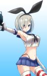  1girl armpits blue_background blue_eyes blush breasts elbow_gloves gloves gradient gradient_background hair_ornament hair_over_one_eye hairband hairclip hamakaze_(kantai_collection) highres kantai_collection navel personification ryuusama shimakaze_(kantai_collection) shimakaze_(kantai_collection)_(cosplay) short_hair silver_hair skirt solo striped striped_legwear thighhighs 