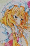  1girl absurdres ascot black_eyes blonde_hair blood colored_pencil_(medium) empty_eyes flandre_scarlet hat highres kitazinger licking licking_hand long_hair side_ponytail solo tongue tongue_out touhou traditional_media 