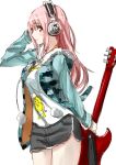  1girl guitar headphones hoodie instrument looking_at_viewer looking_to_the_side miniskirt pink_eyes pink_hair skirt solo super_sonico tail tiger_hood tsuuhan 