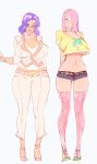  2girls arms_behind_back blue_eyes blush breasts choker crop_top curvy dark_skin doxy fluttershy formal glasses hair_over_one_eye huge_breasts long_hair lowleg_shorts midriff multiple_girls my_little_pony my_little_pony_friendship_is_magic navel pant_suit personification pink_hair pink_legwear purple_hair rarity rough semi-rimless_glasses short_shorts shorts slender_waist standing suit teacher thighhighs under-rim_glasses underboob 