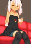  bare_shoulders brown_eyes character_request couch dress food foreshortening highres jewelry long_hair pendant pink_hair shorts sitting smile strapless_dress thigh-highs twintails yogurt 