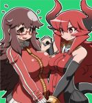  2girls :&lt; asymmetrical_docking bare_shoulders black_hair blush bracelet breast_conscious breast_press breasts brown_eyes demon_girl demon_horns demon_tail detached_collar elbow_gloves flying_sweatdrops glasses gloves holding_hands horns huge_breasts interlocked_fingers jewelry large_breasts long_hair maou_beluzel matsuda_yuusuke messy_hair multiple_girls original red-framed_glasses red_eyes redhead semi-rimless_glasses skull tail track_suit under-rim_glasses yonezawa_natsumi yuusha_to_maou 