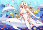  1girl air_bubble barefoot bikini blonde_hair blue_eyes blush breath diving dolphin fish flower freediving hair_flower hair_ornament happy highres holding_breath jellyfish long_hair ocean open_mouth original swimming swimsuit underwater water wavy_hair white_bikini white_swimsuit 