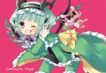  1girl aqua_hair astaroth_(p&amp;d) doll dress green_dress hairband horns hoshino looking_at_viewer open_mouth pentagram puzzle_&amp;_dragons short_hair smile solo violet_eyes wings wink 