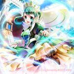  .hack// .hack//roots 1girl 2012 copyright_name dress dress_lift green_eyes green_hair guilty_dragon hair_rings maid_headdress mars_symbol minimaru puffy_sleeves saburou shoes short_hair smile solo standing_on_one_leg wrist_cuffs 