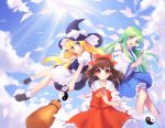  3girls absurdres apron ascot between_fingers blonde_hair blue_eyes blue_sky bow broom broom_riding brown_hair clouds detached_sleeves etm_(75220988) expressionless eyelashes female flying green_hair hair_bow hair_ornament hair_tubes hakurei_reimu hand_to_hat hat hat_ribbon highres kirisame_marisa kochiya_sanae multiple_girls ofuda open_mouth red_eyes ribbon skirt skirt_set sky snake_hair_ornament sun sunbeam sunlight touhou waist_apron witch_hat yin_yang 