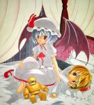 2girls :o bat_wings bed blonde_hair blouse canopy_bed dress hair_ribbon jagabutter lavender_hair lying mary_janes mob_cap multiple_girls on_side pillow red_eyes remilia_scarlet ribbon rumia shoes short_hair sitting sitting_on_bed smile touhou vest wings 