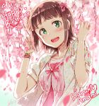  1girl :d amami_haruka blush bow bracelet brown_hair character_name dated flower green_eyes hair_bow happy_birthday heart idolmaster jewelry open_mouth redrop short_hair smile solo 