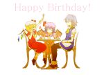  3girls absurdres birthday birthday_cake blonde_hair blue_hair cake chair cup eating flandre_scarlet food fork hat heart highres itsumizu izayoi_sakuya maid multiple_girls remilia_scarlet silver_hair simple_background table teacup text touhou white_background wings 