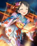  1girl :d artist_request black_hair bunny_hair_ornament closed_eyes east_asian_architecture fan folding_fan hagoromo hair_ornament idolmaster idolmaster_cinderella_girls japanese_clothes kanzashi kimono kimono_skirt leaf leaf_print leg_lift looking_at_viewer maple_leaf obi official_art open_mouth sasaki_chie sash shawl short_hair short_kimono smile solo thigh-highs 