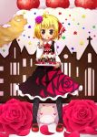  1girl :q ahoge ascot blonde_hair cake dress eating flower food food_on_face fork fruit hair_ribbon jagabutter long_sleeves mary_janes plate recursion red_eyes ribbon rumia shoes short_hair solo strawberry tongue touhou 