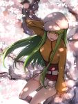  1girl belt c.c. cherry_blossoms cherry_trees code_geass creayus dated green_hair in_tree long_hair looking_at_viewer open_mouth sitting sitting_in_tree skirt solo tree yellow_eyes 
