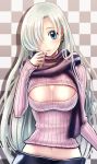  1girl black_scarf blue_eyes breasts checkered checkered_background cleavage cleavage_cutout earrings elizabeth_liones hair_over_one_eye haru_(toyst) head_tilt jewelry large_breasts long_hair looking_at_viewer meme_attire midriff nanatsu_no_taizai navel open-chest_sweater parted_lips pink_sweater ribbed_sweater scarf silver_hair solo stomach sweater turtleneck turtleneck_sweater upper_body very_long_hair 