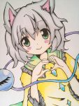  1girl animal_ears ballpoint_pen_(medium) blouse blush_stickers bust cat_ears colored_pencil_(medium) green_eyes grey_background grey_hair heart heart_hands highres kemonomimi_mode komeiji_koishi long_sleeves looking_at_viewer meme-tan_(bana_nan26) no_hat short_hair simple_background smile solo third_eye touhou traditional_media 