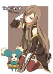  1girl brown_background brown_hair brown_skirt character_name copyright_name creature expressionless gloves green_eyes kneeling long_hair mieu neko_suke red_legwear skirt tales_of_(series) tales_of_the_abyss tear_grants thigh-highs 