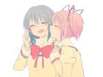  2girls blue_hair blush cheek_kiss hair_ornament hair_ribbon hairclip heart kaname_madoka kiss mahou_shoujo_madoka_magica miki_sayaka mizuki_(flowerlanguage) multiple_girls open_mouth ribbon school_uniform short_hair short_twintails simple_background smile twintails white_background yuri 