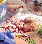  1girl alarm_clock anger_vein annoyed bad_id barefoot breasts brown_hair cleavage clock fan highres lying navel no_bra on_side open_clothes open_shirt original panties red_panties shirt solo underwear violet_eyes wind_chime wink yomi_yasou 