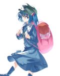  1girl backpack bag blue_dress blue_eyes boots dress hair_bobbles hair_ornament hat highres ibuki_notsu kawashiro_nitori key looking_at_viewer rubber_boots shirt simple_background skirt skirt_set solo touhou twintails white_background 