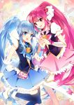  2girls aino_megumi black_legwear blue_eyes blue_hair blue_skirt boots bowtie brooch butterfly cure_lovely cure_princess earrings hair_ornament happinesscharge_precure! heart_hair_ornament holding_hands jewelry long_hair magical_girl multiple_girls necktie payot pink_eyes pink_hair pink_skirt ponytail precure ranpakranpakranpak shirayuki_hime shoes skirt smile thigh-highs thigh_boots twintails wrist_cuffs 