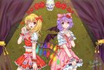  2girls adapted_costume ascot bat_wings blonde_hair bow confetti curtains dated dress fangs flandre_scarlet flower frilled_sleeves frown hair_ribbon hand_on_own_chest hand_on_own_face heart lavender_hair looking_at_viewer microphone midriff multiple_girls no_hat parted_lips pinky_out r2xiaozhang red_eyes red_rose remilia_scarlet ribbon rose short_hair short_sleeves siblings side_ponytail signature sisters skirt skirt_set skull slit_pupils spotlight touhou v wings wink wrist_cuffs 