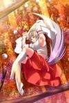  1girl animal_ears armpits arms_up bare_shoulders breasts detached_sleeves hat highres inubashiri_momiji large_breasts looking_at_viewer midriff no_bra red_eyes short_hair sideboob silver_hair skirt solo tail touhou white_legwear wolf_ears wolf_tail 