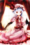  1girl ascot backlighting basilis9 bat_wings blue_hair brooch curtains dress hand_in_hair hat hat_ribbon highres jewelry looking_at_viewer mob_cap pink_dress pointy_ears puffy_sleeves red_eyes remilia_scarlet ribbon sash short_sleeves sitting solo touhou wariza window wings wrist_cuffs 
